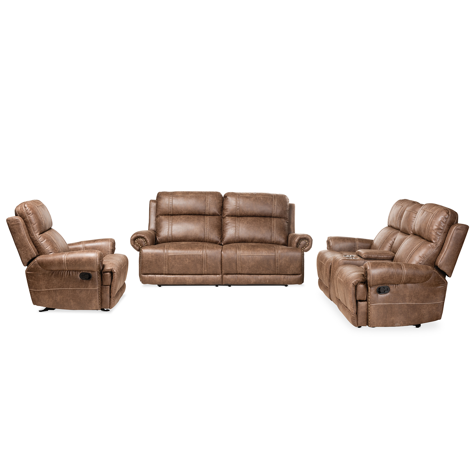 Baxton Studio Buckley Modern and Contemporary Light Brown Faux Leather Upholstered 3-Piece Reclining Living Room Set